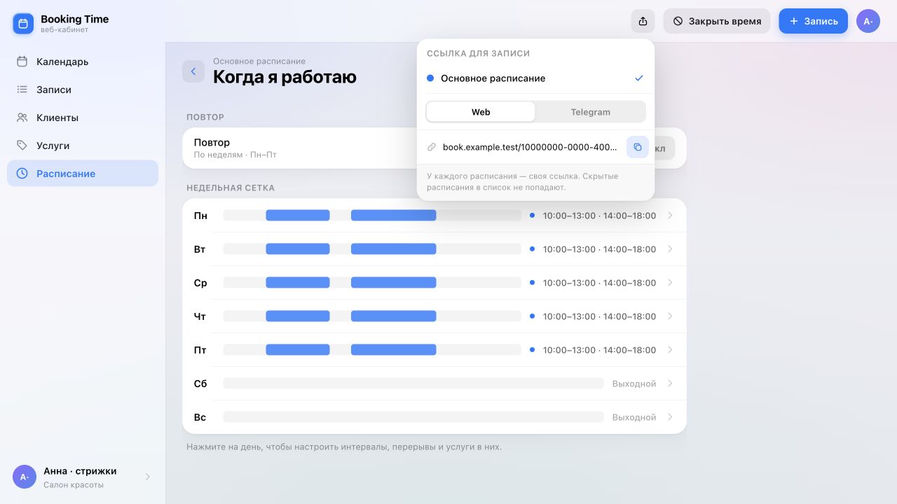 Окно «Ссылка для записи»: выбрано основное расписание и вкладка Web, справа от ссылки кнопка копирования.
