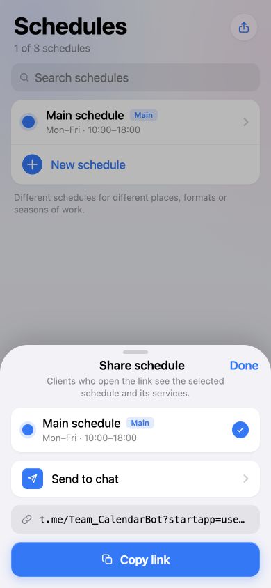 Share schedule panel with a selected schedule, Send to chat and Copy link controls.